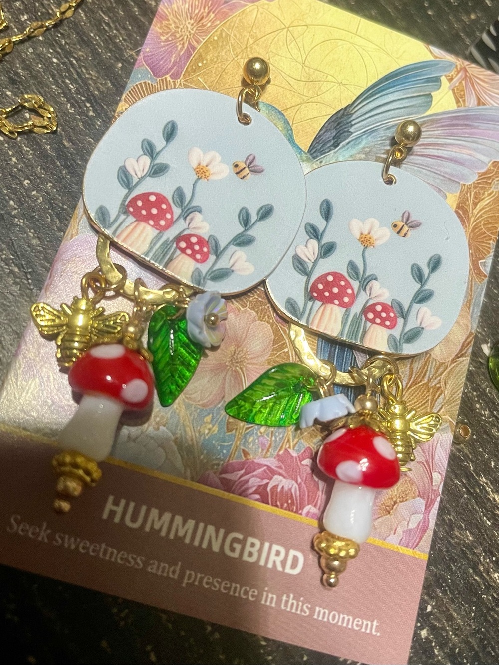 Whimsical Mushroom & Bee Drop Earrings - Red, White, Gold - Picture 5 of 6